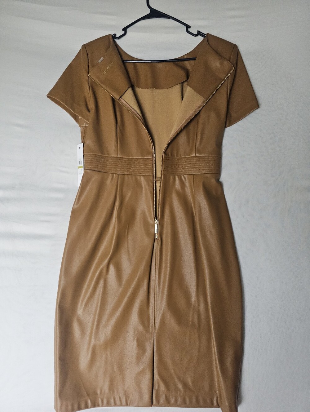 Calvin Klein Faux Leather Belted Sheath Dress NWT Luggage Brown - Picture 16 of 16